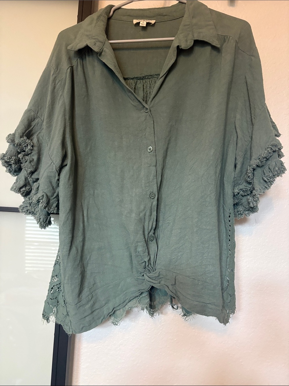 Umgee Olive Green Button-Front Blouse with Tassel Trim